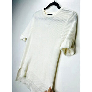Lovemarks White Ivory Knit Short Cuffed Sleeve High Low Round Neck Sweater S